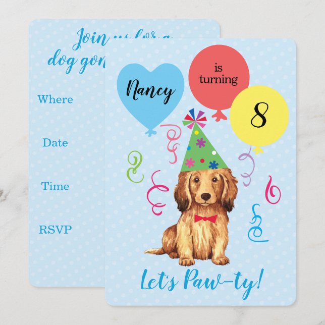 Birthday Party Balloons Longhaired Dachshund Invitation (Front/Back)