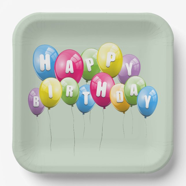 Birthday Party Balloons On Sage Green Paper Plate (Front)