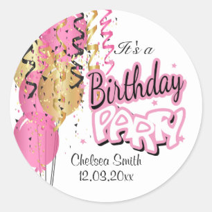 Birthday Party Balloons - Pink Classic  Classic Round Sticker