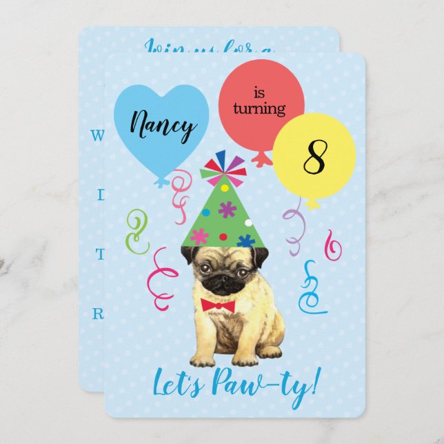 Birthday Party Balloons Pug Invitation (Front/Back)