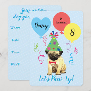 Birthday Party Balloons Pug Invitation