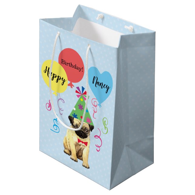 Birthday Party Balloons Pug Medium Gift Bag (Front Angled)