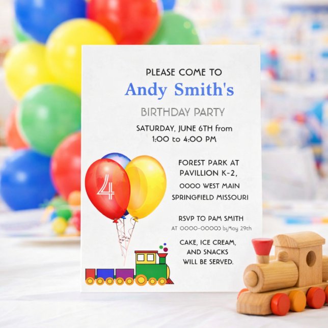 Birthday Party Balloons & Train  Invitation (Editable birthday invitation template for boys  personalize name, age, and details)