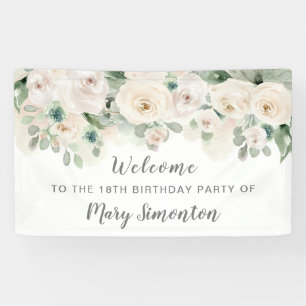 Birthday Party Banner 18th White Rose Floral 