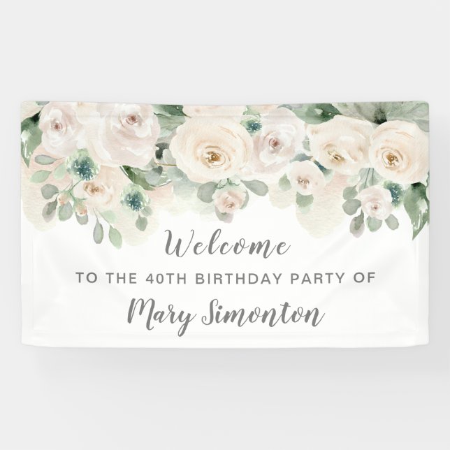 Birthday Party Banner 40th White Rose Floral  (Horizontal)