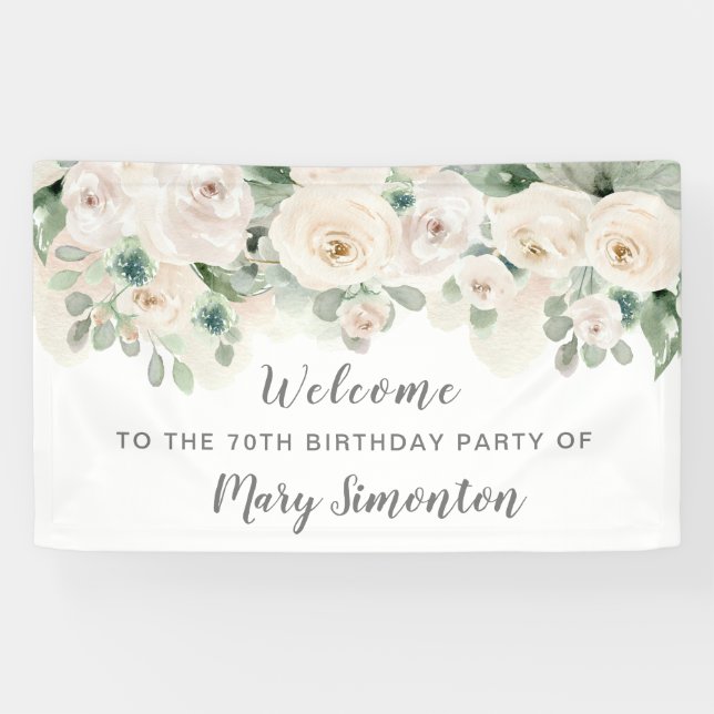 Birthday Party Banner 70th White Rose Floral  (Horizontal)