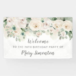 Birthday Party Banner 70th White Rose Floral 
