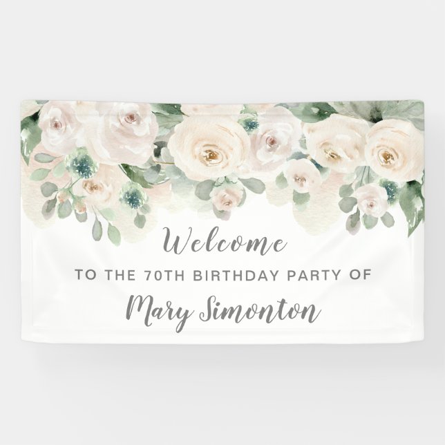 Birthday Party Banner 70th White Rose Floral  (Horizontal)