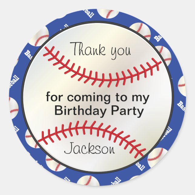 Birthday Party Baseball in Dark Blue - Thank you Classic Round Sticker (Front)