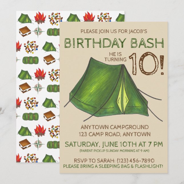 Birthday Party Bash Camp Tent Sleepover Camping Invitation (Front/Back)