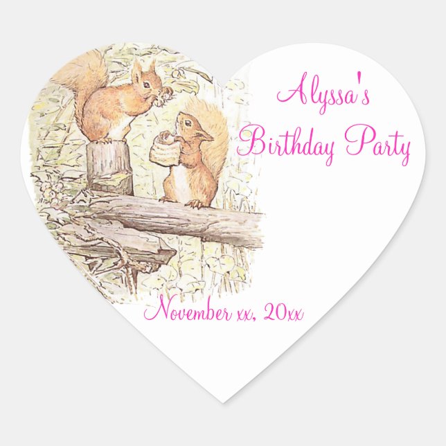 Birthday Party, Beatrix Potter Squirrels Heart Sticker (Front)