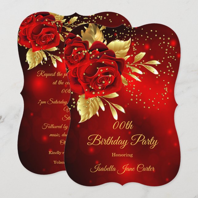 Birthday Party Beautiful Red Rose Floral Gold Invitation (Front/Back)
