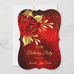 Birthday Party Beautiful Red Rose Floral Gold Invitation
