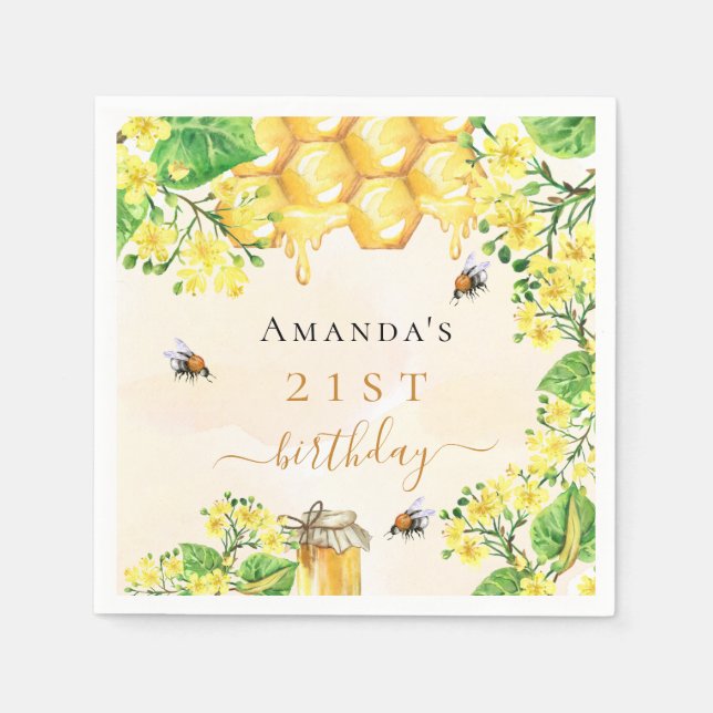 Birthday party bees honey yellow florals summer napkin (Front)