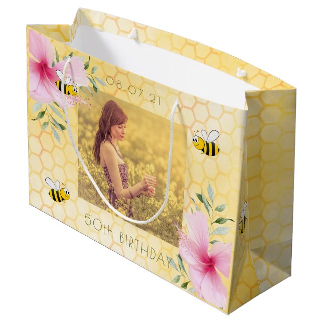 Birthday party bees honeycomb photo large gift bag (Back Angled)