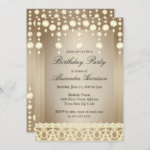 Birthday Party Beige Crystal Sepia Diamond Invitation
