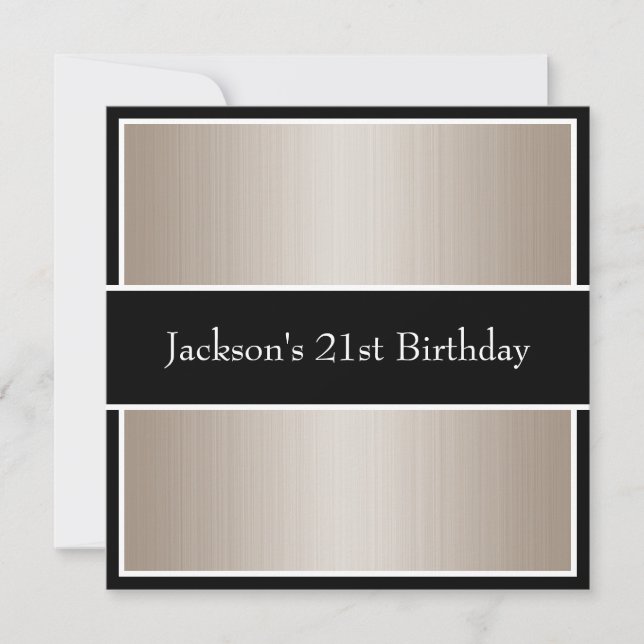 Birthday Party Beige Fine Stripes Black & White Invitation (Front)