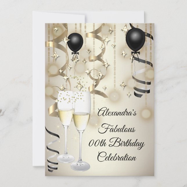 Birthday party beige Gold black Balloon champagne Invitation (Front)