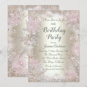 Birthday Party Beige gold Pink Winter Wonderland Invitation