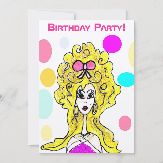 Birthday Party Big Hair Lady Cartoon Invitation (Front)