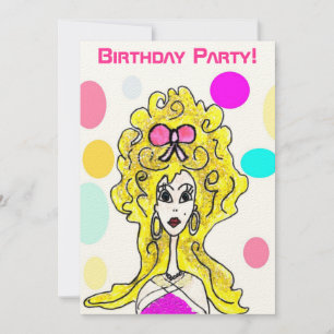 Birthday Party Big Hair Lady Cartoon Invitation