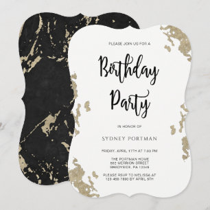 Birthday Party Black and White Faux Gold Marble Invitation