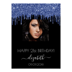 Birthday party black blue glitter drips photo poster