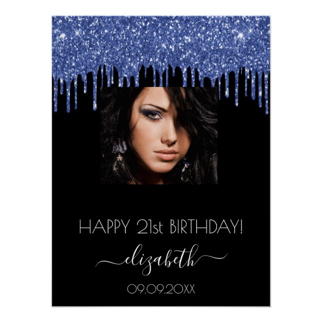 Birthday party black blue glitter drips photo poster (Front)