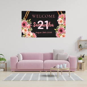 Birthday party black blush pink florals  banner