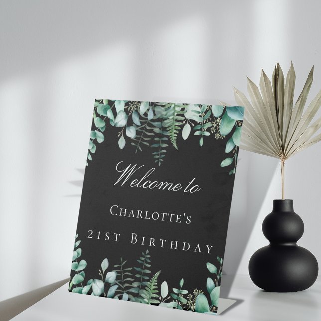 Birthday party black eucalyptus forest welcome pedestal sign (Creator Uploaded)