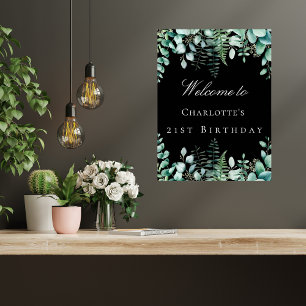 Birthday party black eucalyptus forest welcome poster