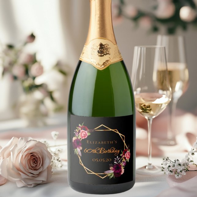 Birthday party black floral gold geomburgundy sparkling wine label (Creator Uploaded)