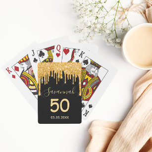 Birthday party black glitter gold sparkle name playing cards