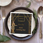 Birthday party black gold 1920's art deco style napkin<br><div class="desc">Elegant faux gold and glam for a 50th (or any age) birthday party! An art deco style birthday party napkin in faux gold and black for a glamourous celebration. Decorated with a 1920's style flapper girl and an art deco style frame. Templates for a date, name and the age 50....</div>