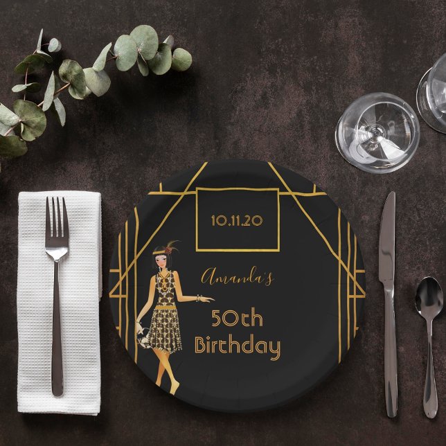 Birthday party black gold 1920's art deco style paper plate (Creator Uploaded)