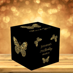 Birthday party black gold butterflies name favour box