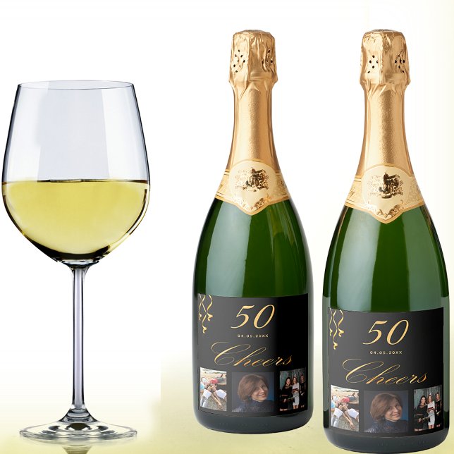 Birthday party black gold cheers photo sparkling wine label (Creator Uploaded)