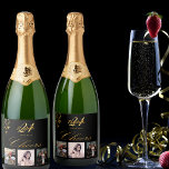 Birthday party black gold cheers photo sparkling wine label<br><div class="desc">A glamourous bottle label for a 21st (or any age) birthday party. Personalise and add 3 of your own photos, a name, age 21 and a date. Date of birth or the date of the party. Golden coloured letters. The word: Cheers, in faux gold written with a trendy hand lettered...</div>