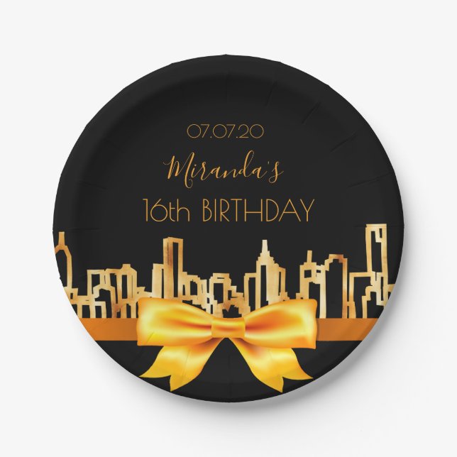 Birthday party black gold city skyline bow paper plate (Front)