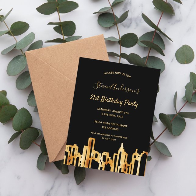 Birthday party black gold city skyline invitation postcard (Creator Uploaded)