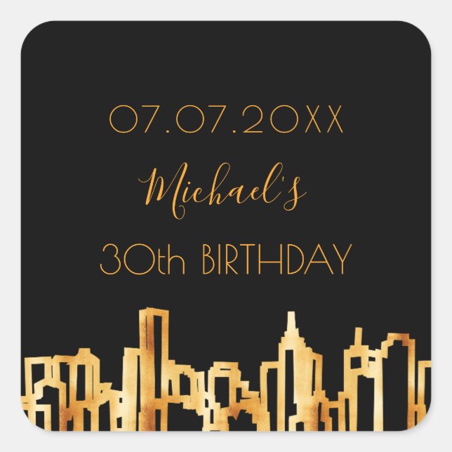 Birthday party black gold city skyline modern square sticker (Front)