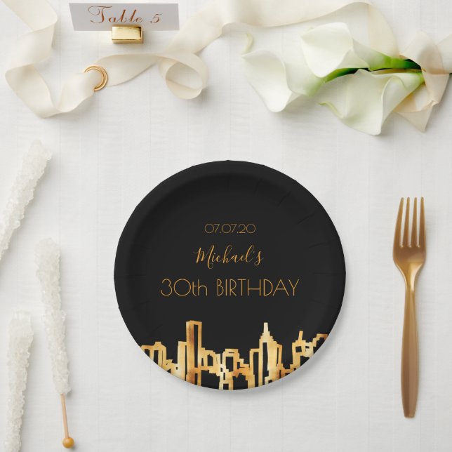 Birthday party black gold city skyline name paper plate (Wedding)