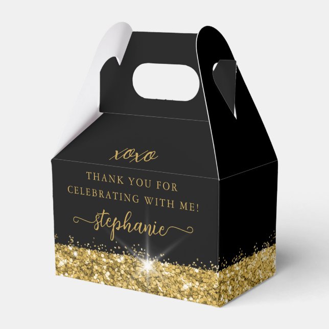 Birthday Party Black Gold Confetti Glitter Favour Box (Front Side)