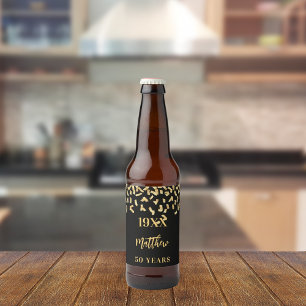 Birthday party black gold confetti name years beer bottle label
