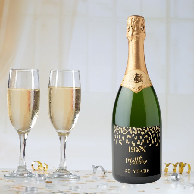 Birthday party black gold confetti name years sparkling wine label (Creator Uploaded)