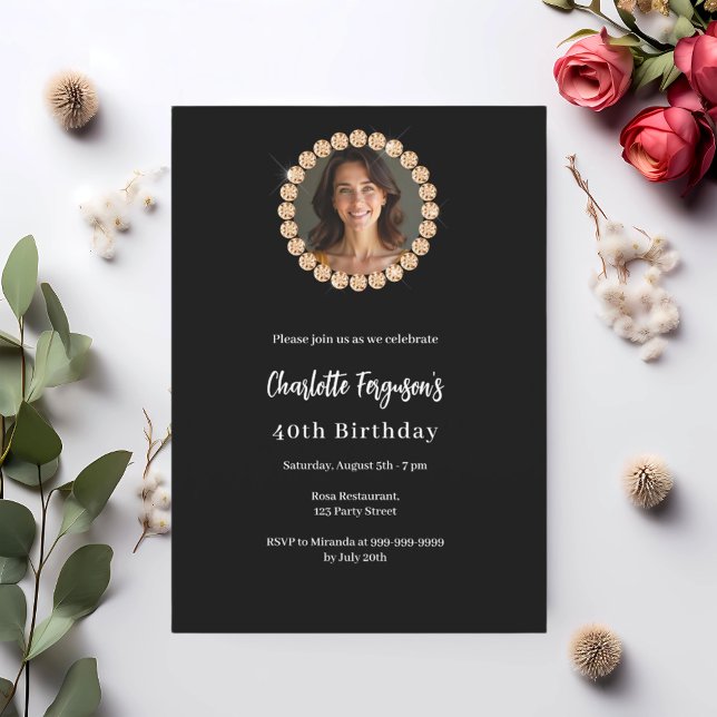 Birthday party black gold diamond photo invitation (Creator Uploaded)