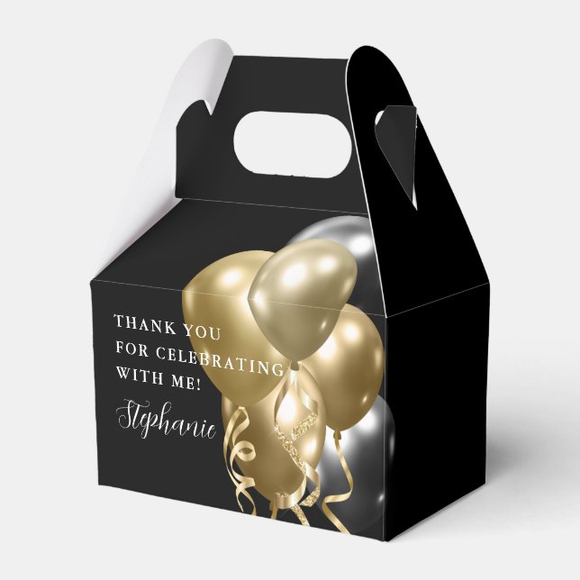 Birthday Party Black Gold Elegant Balloons Favour Box (Front Side)