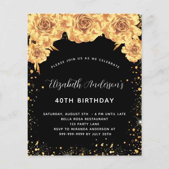 Birthday party black gold floral budget invitation flyer (Front)