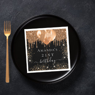 Birthday party black gold glitter balloons name napkin
