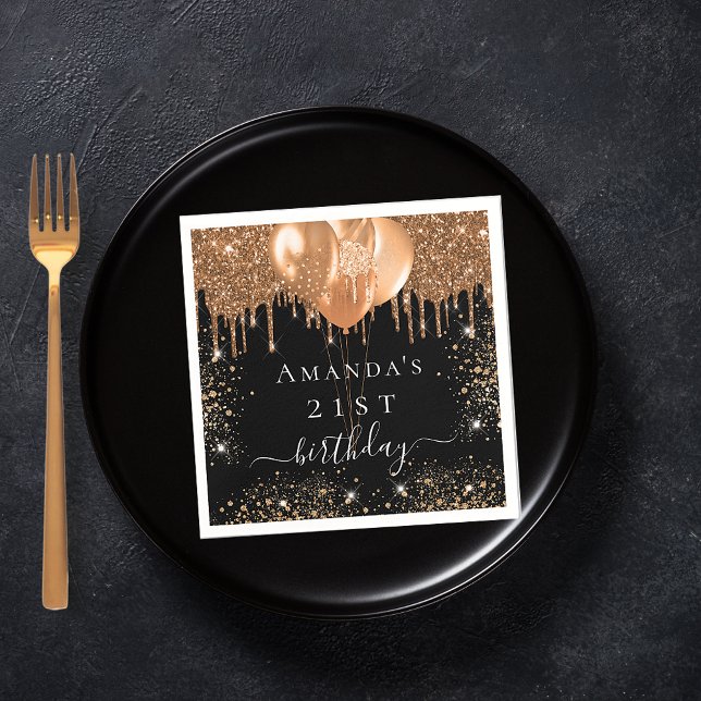 Birthday party black gold glitter balloons name napkin (Creator Uploaded)